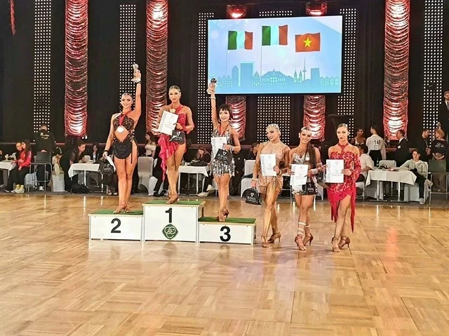 Nguyen Trong Nha Uyen (troisième à partir de la gauche) sur le podium du Championnat du monde WDSF 2025. (Photo avec l'aimable autorisation de Hoang Thu Trang)
