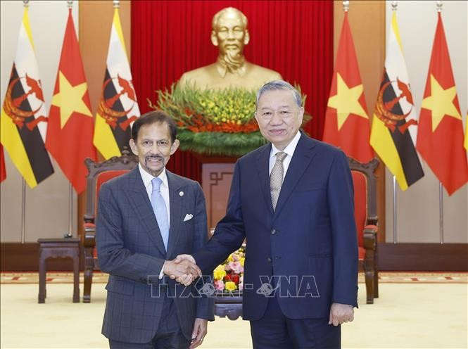 Le secrétaire général du Parti communiste du Vietnam, To Lam, (droite) et le Sultan de Brunei, Haji Hassanal Bolkiah, en visite d'État au Vietnam. Photo : VNA
