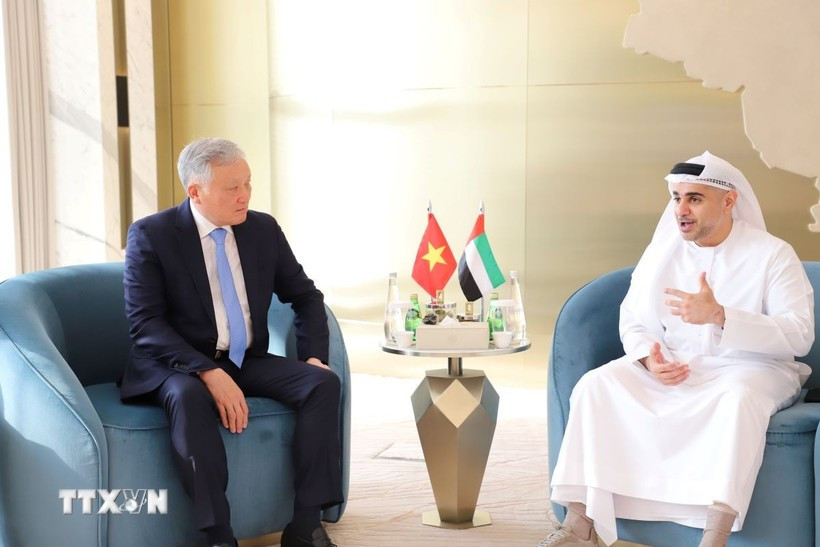 Le vice-Premier ministre permanent Nguyen Hoa Binh s'entretient avec Ahmed Jasim Al Zaabi, président du Centre financier mondial d'Abou Dhabi. (Photo : VNA)