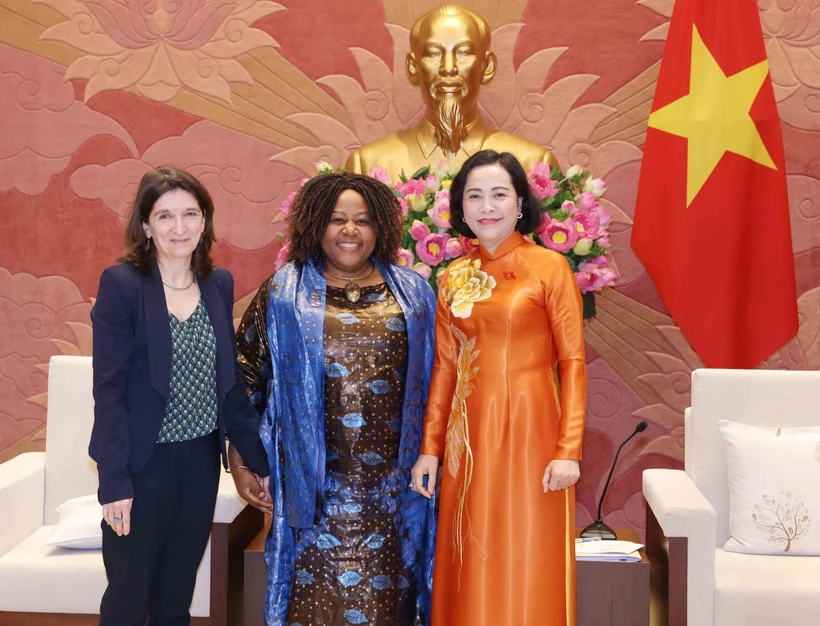 La vice-présidente de l’Assemblée nationale, Nguyên Thi Thanh, a reçu mardi, 4 mars, à Hanoï Caroline Nyamayemombe,, eprésentante en chef de l’ONU Femmes au Vietnam, et Michaela Bauer, représentante adjointe de l’UNICEF au Vietnam. Photo : VNA