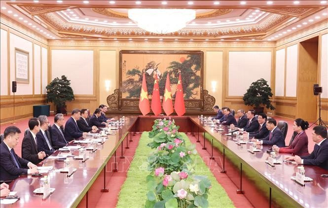 Lors des entretiens entre le président de l'État, Luong Cuong, et le secrétaire général du Parti communiste chinois et président de la République populaire de Chine, Xi Jinping. (Photo : VNA)