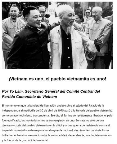 Le site Internet de la station de radio La Primerisima publie le texte intégral de l'article « Le Vietnam est un, le peuple vietnamien est un » du secrétaire général du Comité central du Parti communiste du Vietnam (PCV), To Lam (Capture d'écran photo)