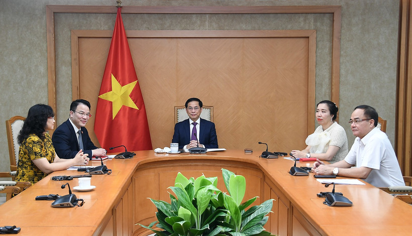 La délégation vietnamienne lors de l'entretien en ligne. Photo : VNA 