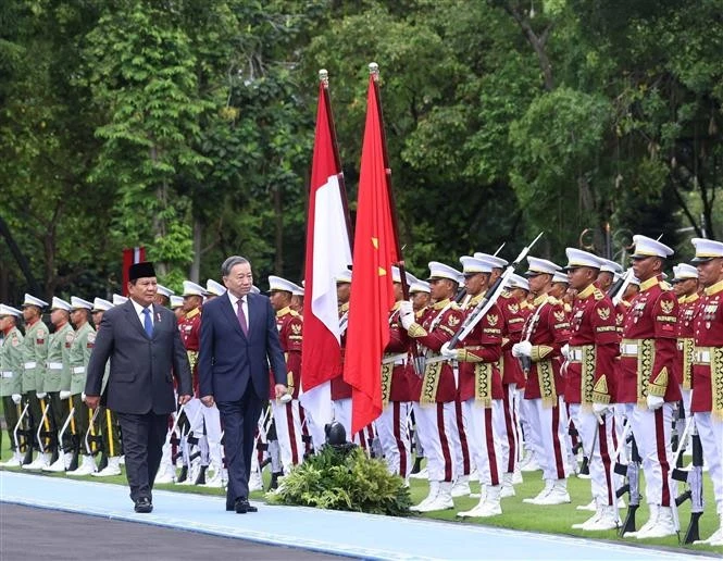 Après une revue de la garde d'honneur et les présentations officielles, Tô Lâm et Prabowo Subianto se sont entretenus en privé avant de présider une réunion de haut niveau. Photo : VNA