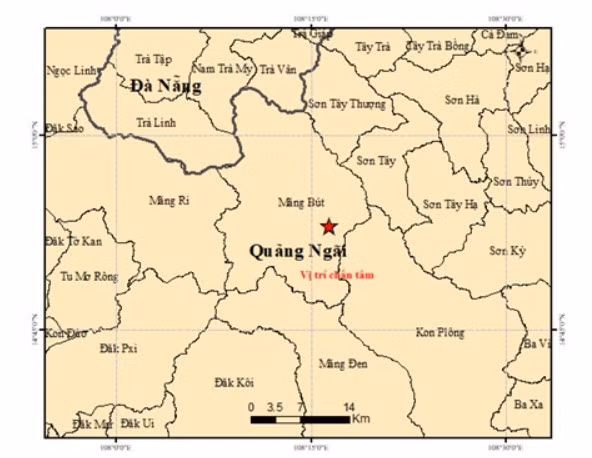Carte de l'épicentre du séisme dans la commune de Mang But, province de Quang Ngai. 