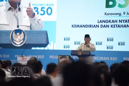 Le président Prabowo Subianto prend la parole lors du lancement du programme obligatoire de biodiesel B50 à l’échelle nationale. Photo : VNA