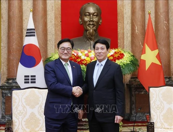 Le président vietnamien Luong Cuong (à droite) et le président de l'Assemblée nationale sud-coréenne Woo Won Shik. Photo: VNA