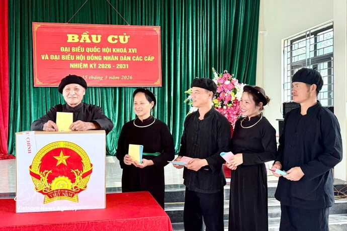 Des habitants de l’ethnie Tày du hameau de Nà Ó, commune d’An Lac, province de Bac Ninh, se rendent aux urnes dans une ambiance enthousiaste. Photo : VNA