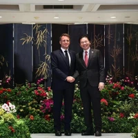 Le Premier ministre singapourien Lawrence Wong (à droite) et le président français Emmanuel Macron assistent à l'échange de 13 accords lors d'une cérémonie au Parlement le 30 mai (Photo : The Straits Times)