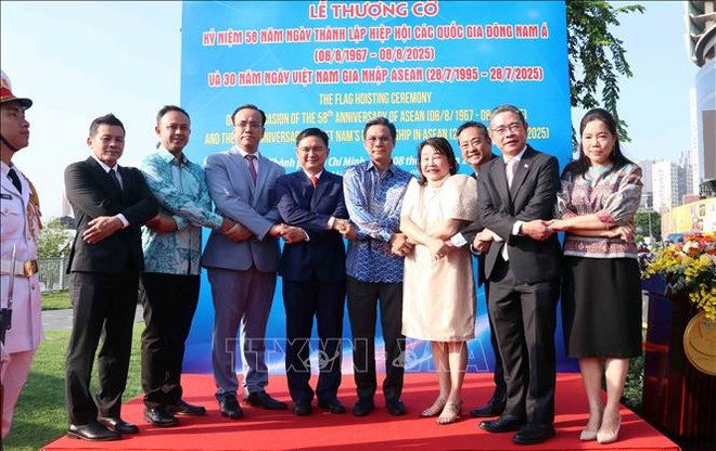 Le vice-président du Comité populaire de Hô Chi Minh-Ville, Nguyên Manh Cuong (4e, à gauche), et des consuls généraux et honoraires des pays membres de l’ASEAN à la cérémonie. Photo: VNA co.jpg