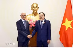 Le président de l'Assemblée nationale, Tran Thanh Man (à droite), et le président de la Chambre des représentants du Maroc, Rachid Talbi El Alami, dans l'après-midi du 21 janvier 2025, à Can Tho. Photo : VNA
