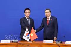 Le président de l'AN du Vietnam Tran Thanh Man (à droite) rencontre le président du Parti démocrate de Corée Kim Min Seok. Photo: VNA