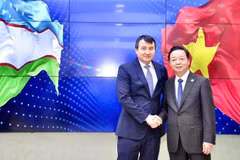 Le vice-Premier ministre vietnamien Tran Hong Ha (droite) et son homologue ouzbek, Jamshid Khodjaev. Photo : VNA