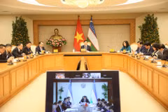 La réunion en ligne entre le vice-Premier ministre Tran Hong Ha et son homologue ouzbek, Jamshid Khodjaev, le 9 février. Photo: baochinhphu.vn