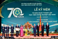 Le président de l'Assemblée nationale, Tran Thanh Man, remet l’Ordre du Travail de première classe à l'Université nationale d'agriculture du Vietnam. Photo : VNA