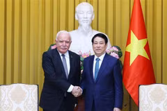 Le président Luong Cuong (droite) et le professeur Riad Malki, envoyé spécial du président palestinien, en visite de travail au Vietnam. Photo : VNA