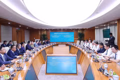 Lors de la séance de travail entre le ministre cambodgien de l’Inspection, Sok Soken et la Banque commerciale par actions pour l'investissement et le développement du Vietnam (BIDV) à Hanoï. Photo : VNA