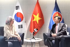 L'ambassadeur du Vietnam à Séoul, Vu Ho (à đroite) accorde une interview à la correspondante de la VNA en République de Corée. Photo : VNA