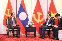 Le Hoai Trung, membre du Bureau politique, secrétaire du Comité du Parti du ministère des Affaires étrangères et ministre des Affaires étrangères, reçoit Bounleua Phandanouvong, membre du Comité central du Parti populaire révolutionnaire lao (PPRL) et chef de la Commission centrale des relations extérieures du Parti. Photo: VNA
