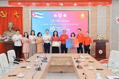 La directrice générale adjointe de la VNA, Nguyên Thi Su et une délégation de fonctionnaires de la VNA présentent à la Croix-Rouge vietnamienne leur soutien au peuple cubain. Photo : VNA