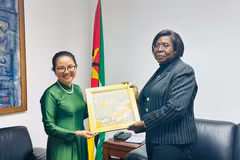 L'ambassadrice du Vietnam au Mozambique, Trân Thi Thu Thin (gauche) est allée saluer la Première ministre mozambicaine, Maria Benvinda Delfina Levi. Photo: VNA