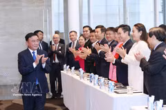 Le permanent du Secrétariat du PCV Tran Cam Tu rencontre la communauté vietnamienne à Singapour. Photo: VNA
