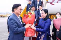 Le président de l'Assemblée nationale de la République de Corée, Woo Won Shik a été accueilli à l'aéroport international de Noi Bai par Nguyên Thanh Hai, présidente de la Commission des Sciences, des Technologies et de l'Environnement et présidente du Groupe des parlementaires d'amitié Vietnam-République de Corée. Photo : VNA