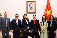Le vice-Premier ministre vietnamien Ho Quoc Dung (troisième à partir de la droite) reçoit la ministre palestinienne des Affaires étrangères et des Expatriés, Varsen Aghabekian Shahin (3e à partir de la gauche). Photo : VNA