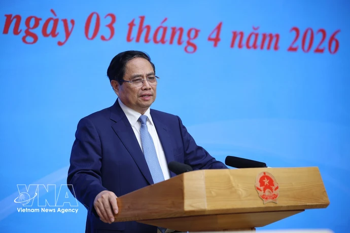 Le Premier ministre Pham Minh Chinh, président du Comité de pilotage national sur l'intégration internationale, s'exprime lors d’une réunion du comité tenue le 3 avril à Hanoï. Photo: VNA