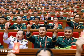 Les délégués votent pour approuver la Résolution du 14e Congrès national du Parti. (Photo : VNA)