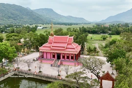 La couleur rose de la pagode se détache harmonieusement sous le ciel bleu, au cœur des rizières de la région de Bay Nui, à An Giang. Photo : Thanh Sang / VNA
