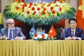 Le président vietnamien Luong Cuong (droite) et son homologue brésilien Luiz Inácio Lula da Silva lors de la rencontre avec la presse. Photo: VNA