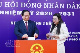 Le Premier ministre Pham Minh Chinh et son épouse déposent leurs bulletins de vote dans l'urne. Photo: VNA