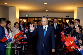 Des membres du personnel de l'ambassade et de la communauté vietnamienne en Australie ont accueilli le secrétaire général et président To Lam. Photo : VNA