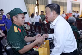 Le permanent du Secrétariat Tran Cam Tu offre des cadeaux aux combattants au Centre de soin d'invalides de guerre de Nghe An. Photo : VNA