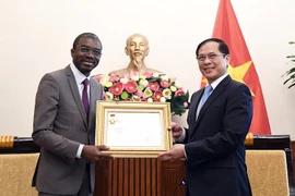 Le vice-PM et ministre des Affaires étrangères Bui Thanh Son (droite) remet à Lazare Eloundou Assomo l'Insigne "Pour la cause de la diplomatie vietnamienne". Photo: VNA