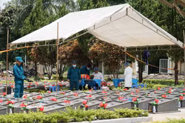L'équipe chargée des fouilles et des prélèvements sur les restes de soldats morts pour la Patrie au cimetière des martyrs de Duc Co (commune de Duc Co, province de Gia Lai). Photo: VNA