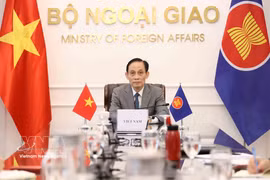 Le Hoai Trung, membre du Bureau politique et ministre des Affaires étrangères lors de la réunion en ligne. Photo : VNA
