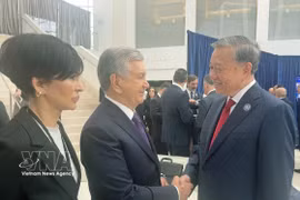 Le secrétaire général du Parti communiste du Vietnam, To Lam (droite) rencontre le président de l’Ouzbékistan, Shavkat Mirziyoyev. Photo: VNA