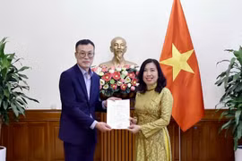 La vice-ministre des Affaires étrangères Lê Thi Thu Hang remet la licence à Kim Kwan Woong, chef du bureau et correspondant résident de Financial News au Vietnam. Photo: ministère des Affaires étrangères 