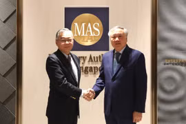 Le vice-Premier ministre permanentNguyen Hoa Binh (droite) et son homologue singapourien Gan Kim Yong, également ministre du Commerce et de l'Industrie et président de l'Autorité monétaire de Singapour. Photo: VNA