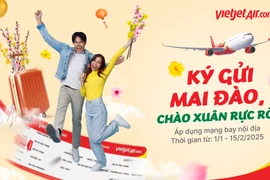 La compagnie aérienne Vietjet lance un service de transport de fleurs de pêcher et d'abricotier à bord de vols intérieurs d’ici le 15 février 2025 (soit le 18e jour du premier mois de l'Année lunaire du Serpent), au prix de 450.000 dongs (17,7 dollars) par bouquet (taxes et frais non inclus). Photo : Vietjet