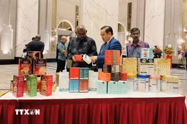 Le Phu Cuong (au milieu), conseiller commercial vietnamien en Malaisie, présente des produits vietnamiens lors d'une foire en Malaisie. Photo : VNA