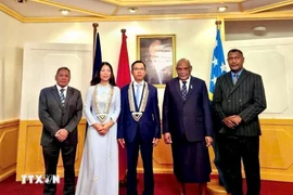 L'ambassadeur du Vietnam en Australie et aux Îles Salomon, Pham Hung Tam (centre) présente ses lettres de créance au gouverneur général et président du Parlement des Îles Salomon, John Patteson Oti, à Honiara, capitale des Îles Salomon, le 5 mars. Photo : VNA