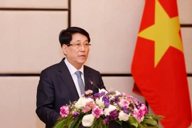 Le président Luong Cuong s'exprime lors de la rencontre avec des Vietnamiens vivant au Laos. Photo: VNA