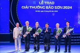 Le vice-Premier ministre Nguyen Chi Dung et Nguyen Truong Son, président du Fonds d'éducation et de formation Bao Son, président du groupe Bao Son prennnent une photo avec les lauréats du prix ​​Bao Son 2024. Photo : VNA