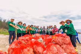 Collecte de déchets plastiques à l’embouchure de Sa Can, province de Quang Ngai. Photo: VNA