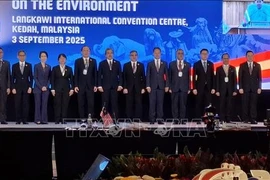 Le vice-ministre de l'Agriculture et de l'Environnement, Lê Công Thành (5e de gauche à droite) et les délégués participant à l'AMME. Photo: VNA