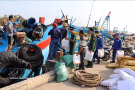 Dans la province de Dong Thap, les gardes-frontières sensibilisent les pêcheurs du port de pêche de Vam Lang, commune de Gia Thuan, à la prévention et à la lutte contre la pêche INN. Photo : VNA