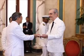 L'ambassadeur vietnamien Lê Quang Long présente ses lettres de créance au président de la République dominicaine Luis Rodolfo Abinader Corona. Photo : VNA